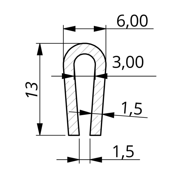 EPDM-Fassungsprofil, 13,0 x 6,0 mm, Aufnahmebereich 1,5 mm, schwarz